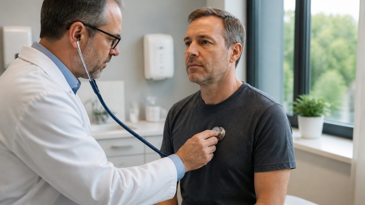 Healthcare professional examining patient's heart rhythm with stethoscope and ECG monitor in modern clinical setting with natural window lighting