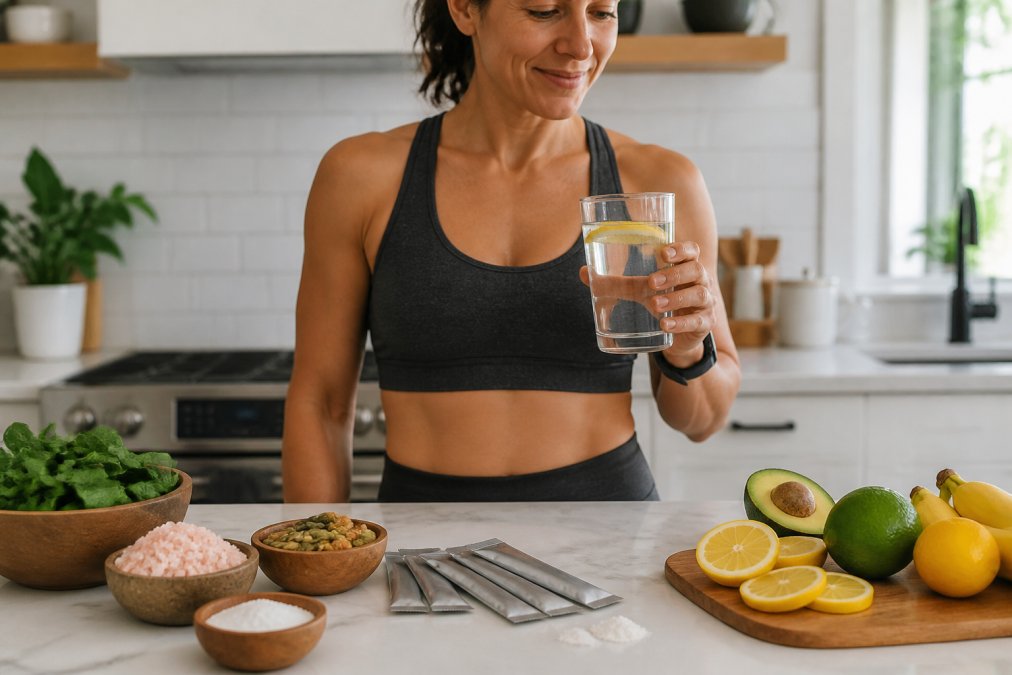 Person holding a clear electrolyte drink with lemon near natural ingredients and electrolyte powders without artificial