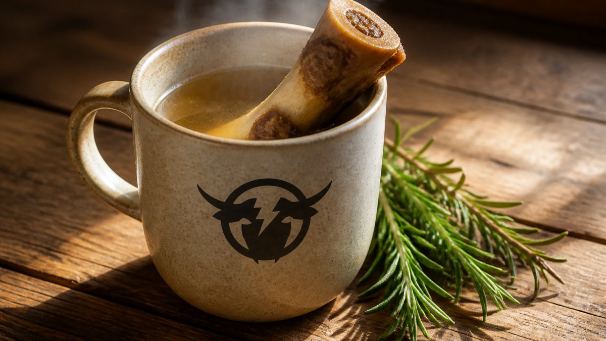 Steaming mug of golden bone broth with visible grass-fed beef bone, set on a rustic wooden table with fresh rosemary sprigs nearby and warm afternoon lighting