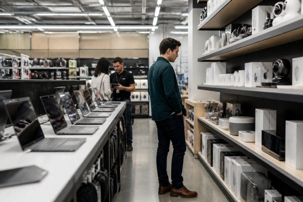 A shopper browsing a well-lit electronics store aisle with laptops, tablets, and smart home devices displayed on shelves, staff member assisting in the background