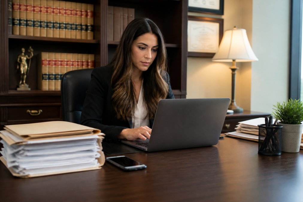 A paralegal at a tidy desk reviewing legal documents on a laptop, with a smartphone nearby showing a delivery notification, in a professional law office setting with warm overhead lighting