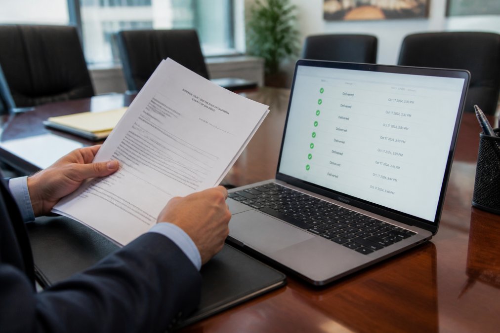 Close-up of an attorney's hands holding printed court documents next to an open laptop displaying a digital delivery confirmation screen with timestamps, on a polished conference room table under bright office lighting
