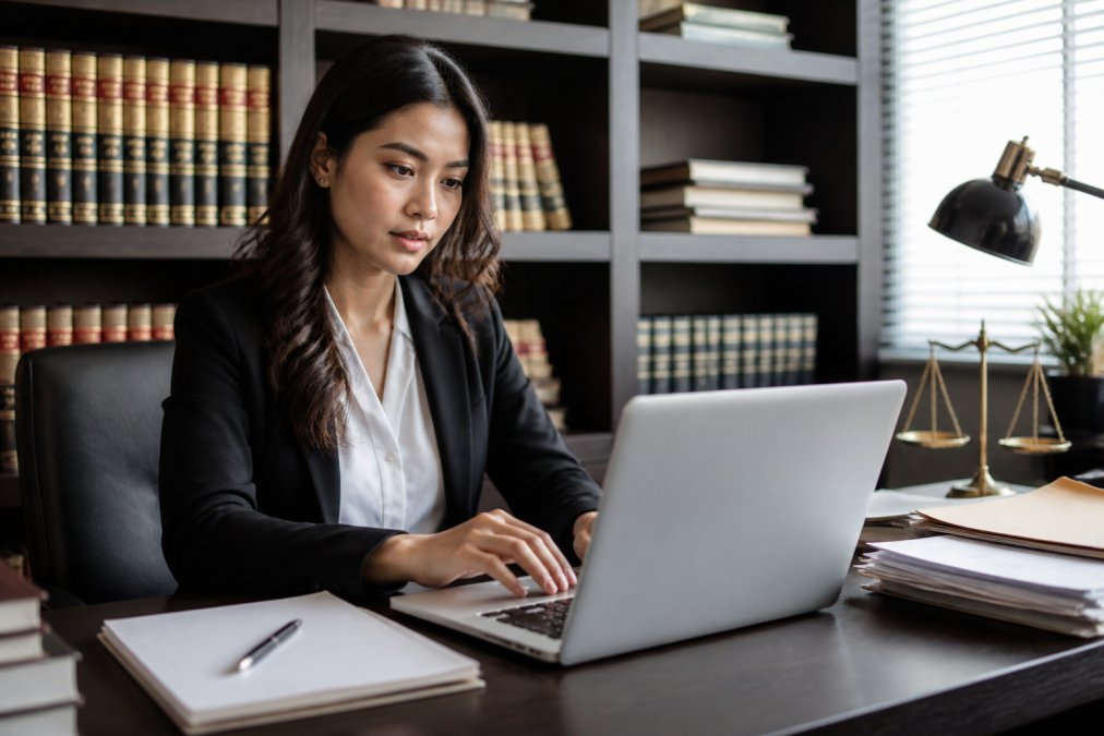 A paralegal at a tidy desk reviewing legal documents on a laptop, with a notepad and pen nearby, in a professional law office setting
