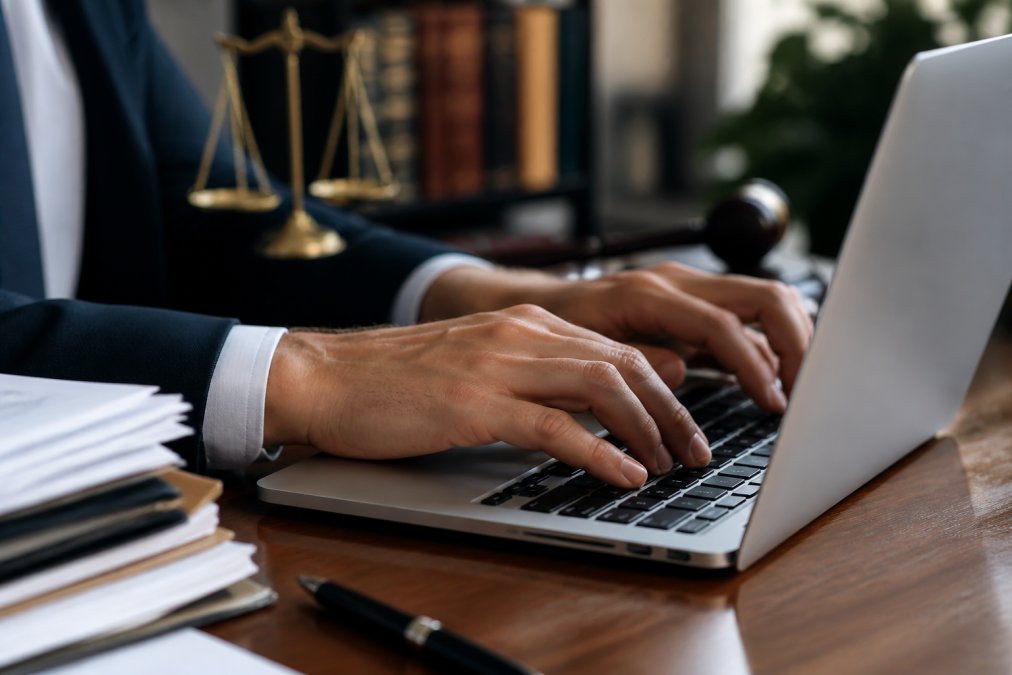 Close-up of hands typing on a laptop with a visible padlock icon on the screen, suggesting secure digital document handling in a professional legal office environment