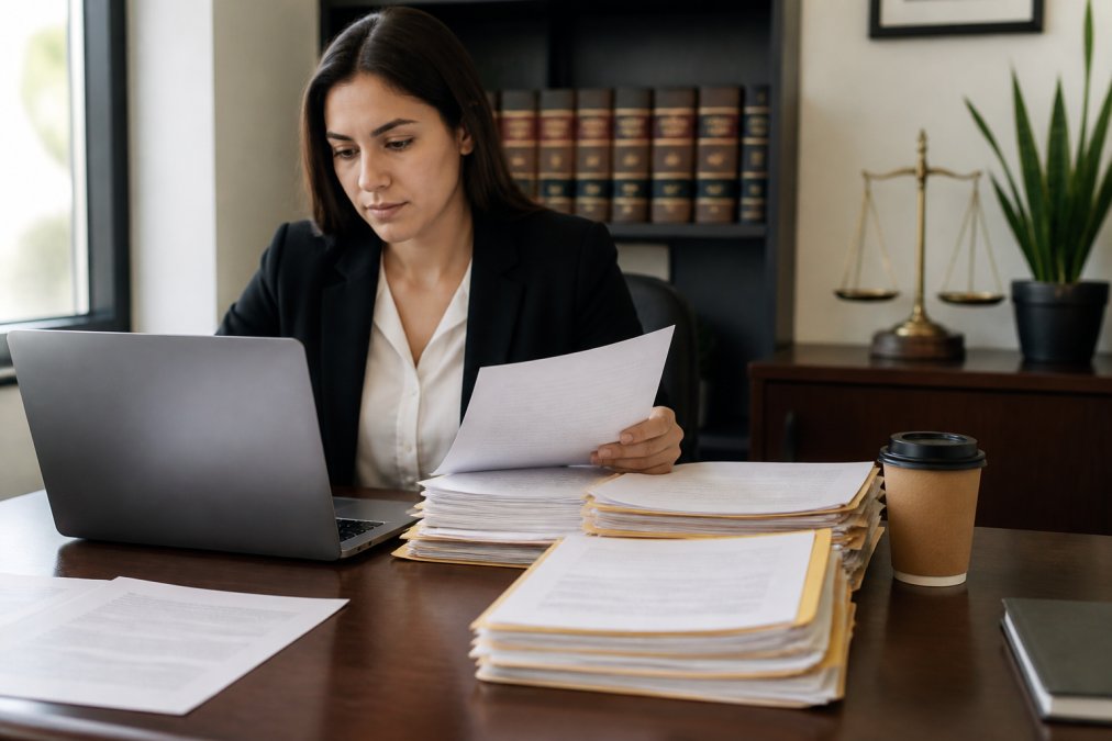A paralegal at a desk reviewing legal documents on a laptop, with printed case files and a coffee cup nearby in a professional law office setting