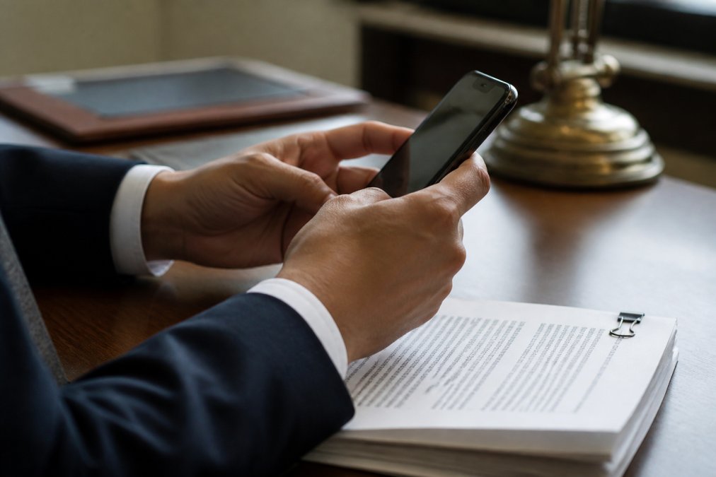 Close-up of an attorney's hands scrolling through a timestamped email delivery confirmation on a smartphone, with a legal brief visible on the desk