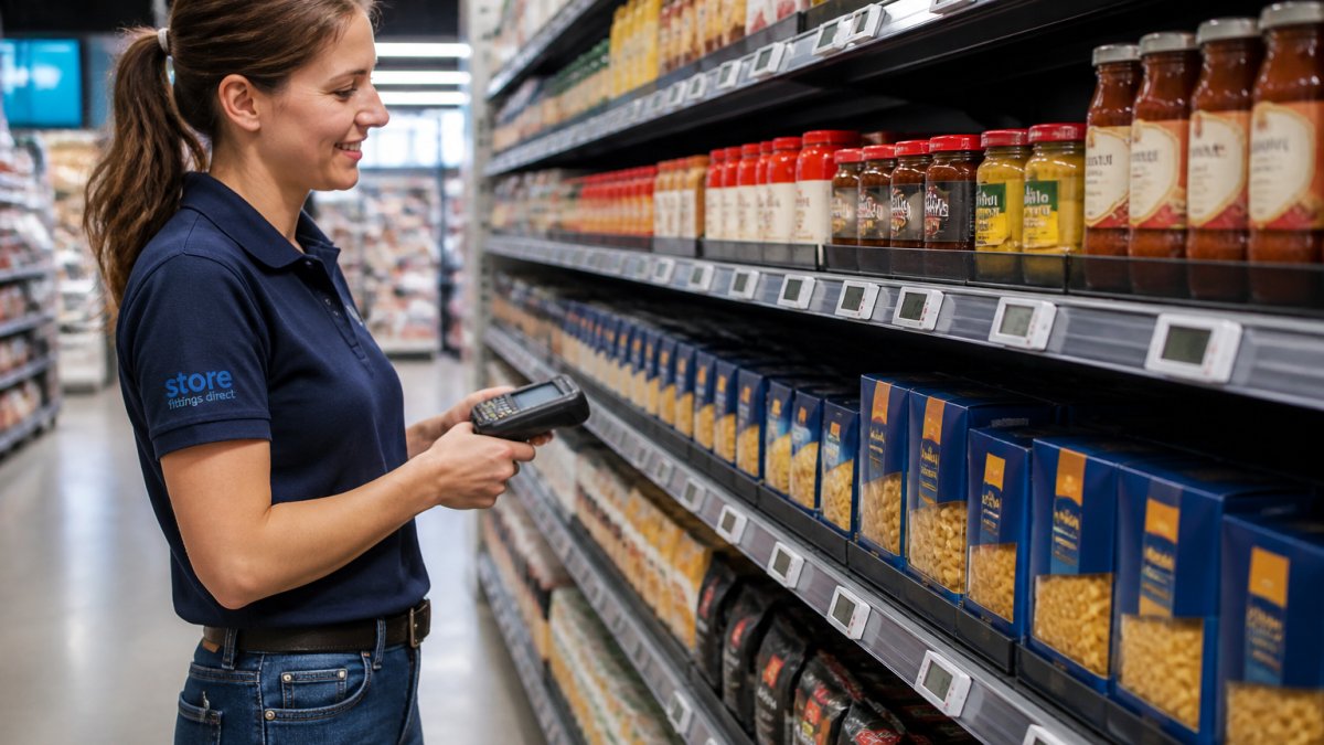 Shop worker using a handheld device to update digital price labels on a supermarket shelf edge