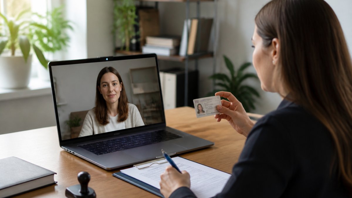 Professional notary conducting a video call with a client on laptop screen, showing secure video conferencing interface with identity verification details visible, modern home office setting with natural lighting