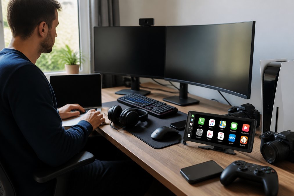 Person sitting at home desk with multiple monitors, laptop, gaming peripherals, and tech accessories arranged around workspace with natural window lighting