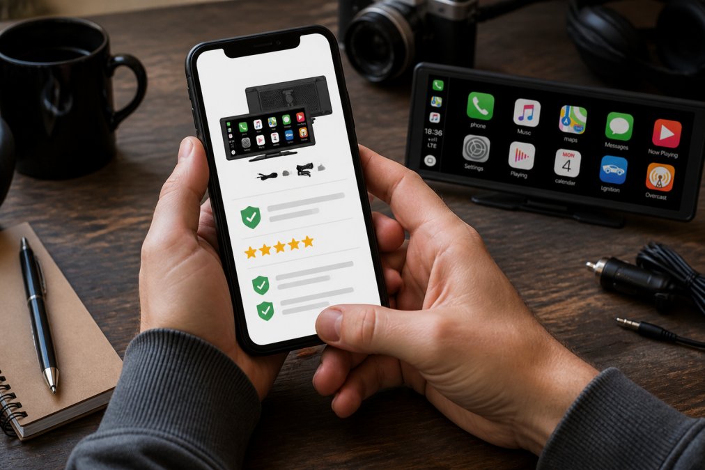 Close-up of hands holding smartphone displaying retailer website with security badges, customer review stars, and verified seller checkmarks prominently visible on screen