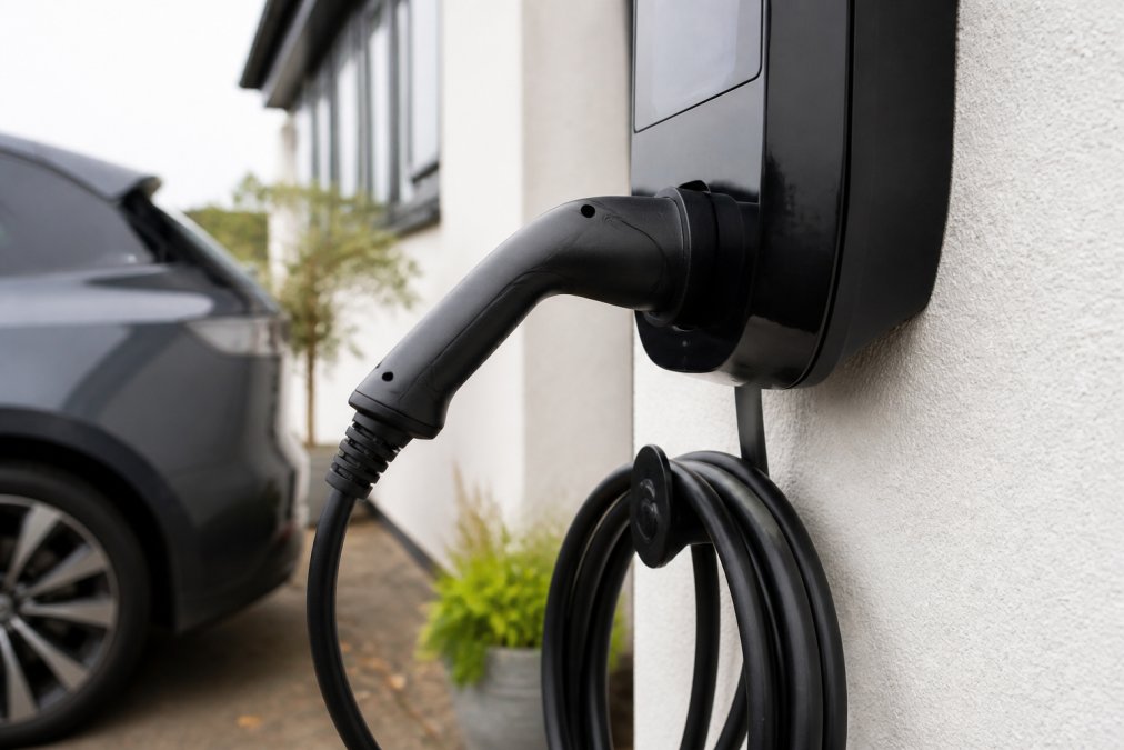 Close-up of a tethered EV charging cable securely connected to a wall-mounted charger unit, showing the cable management clip and connection point in a modern residential driveway