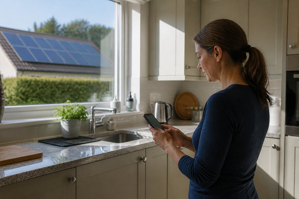 Homeowner monitoring EV charging app on smartphone in a modern kitchen, with solar panels visible on the roof through the window and morning sunlight streaming in