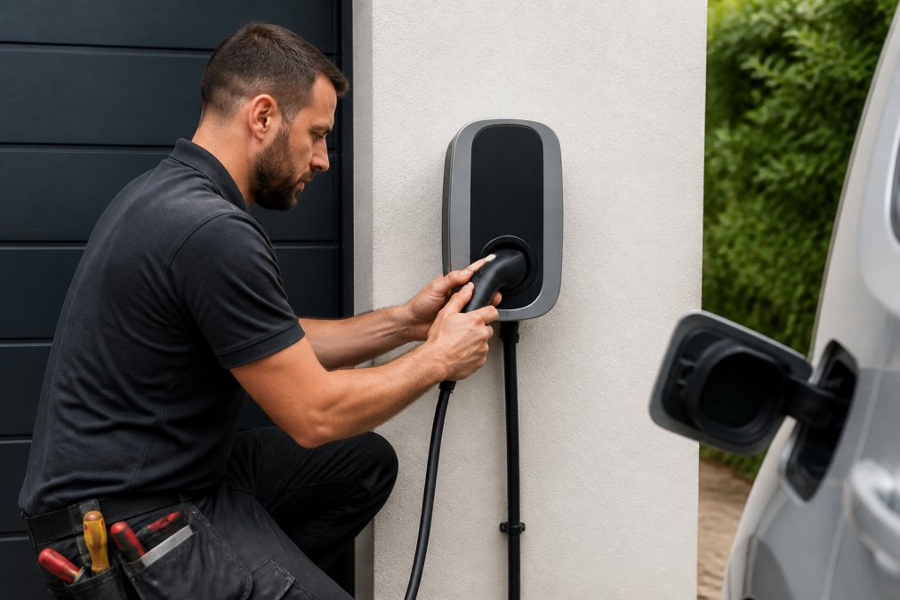 Professional electrician installing a wallbox EV charger on a residential garage wall with charging cable ready for connection to an electric vehicle