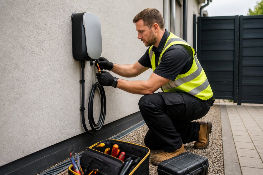 Professional electrician installing a wall-mounted EV charging point on a residential home exterior, with tools, safety equipment, and cable conduit visible in daylight