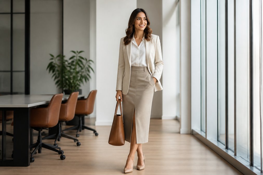 Professional woman wearing elegant casual outfit including tailored midi skirt, structured blouse, and polished blazer standing in modern office with natural lighting