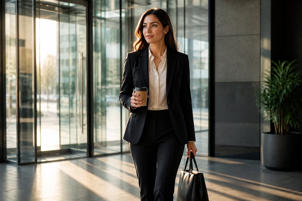 A confident professional woman in a tailored black blazer walking through a glass office lobby at morning light, holding a leather tote and coffee cup