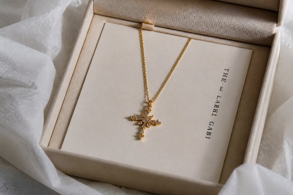 Elegant cross jewelry displayed in soft velvet presentation box with white blessing card and tissue paper, showing gift packaging and religious symbolism in warm natural lighting