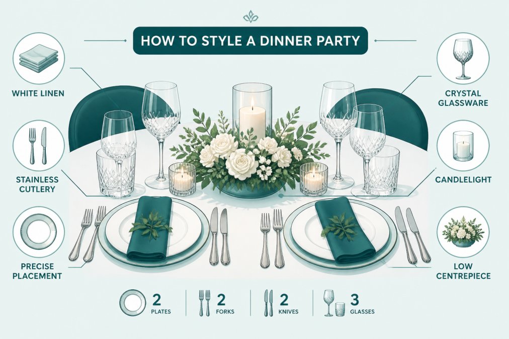 Elegantly set dinner table with premium white linen, polished stainless steel cutlery arranged precisely, crystal glassware catching warm candlelight, and a sophisticated low centrepiece with fresh flowers and candles ready for an intimate couple's dinner