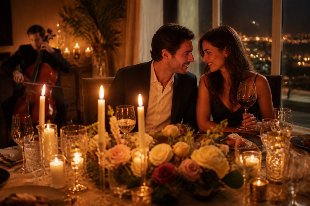 Romantic dining room with warm ambient candlelight from multiple candles, fresh flowers in a low arrangement, soft instrumental music playing subtly in background, and a couple enjoying an intimate meal together in a beautifully lit space with attention to every sensory detail