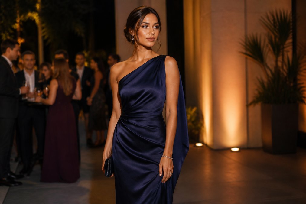 Woman wearing a sophisticated one-shoulder satin evening gown at an upscale cocktail event, posing elegantly against a modern backdrop with soft ambient lighting