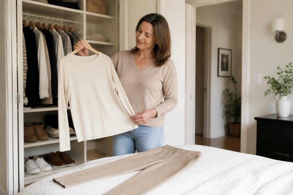 A woman in her forties standing in a bright bedroom in front of an open closet, holding a solid-color long-sleeve top on a hanger next to a pair of straight-leg pants laid flat on the bed, neutral tones throughout