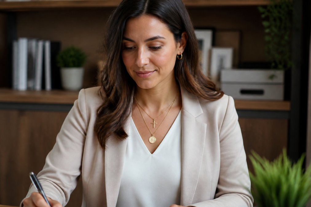 A woman in business casual attire layering two delicate gold faith necklaces at her desk, one a cross pendant and one a disc pendant, photographed from the chest up in warm office light