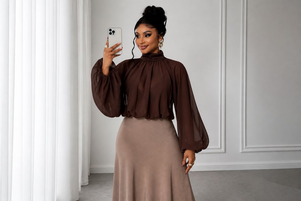 Woman over 50 wearing an A-line midi dress in soft taupe, standing with relaxed posture and hands at her sides, photographed in natural indoor lighting that highlights the graceful drape of the fabric