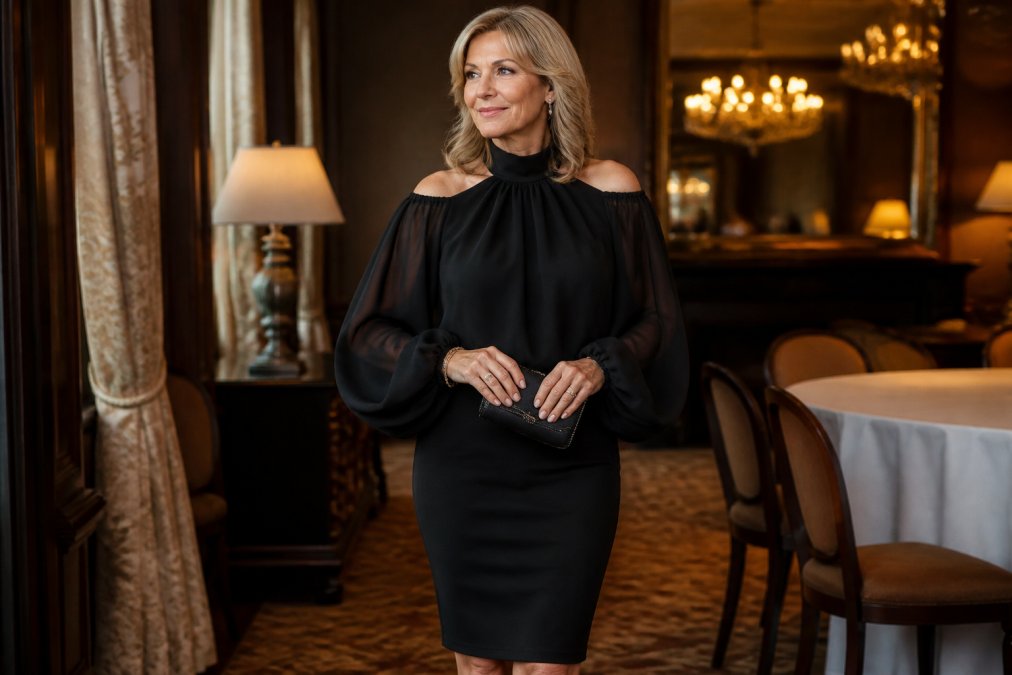 Woman over 50 in a sophisticated black off-the-shoulder cocktail dress with minimal jewellery, holding an elegant clutch, photographed in warm golden indoor lighting