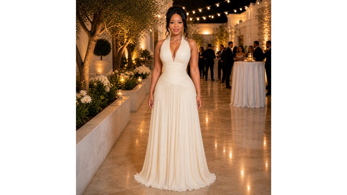 A woman in an elegant champagne satin gown with covered shoulders and a flowing lace skirt, standing in a bright garden setting with soft natural lighting