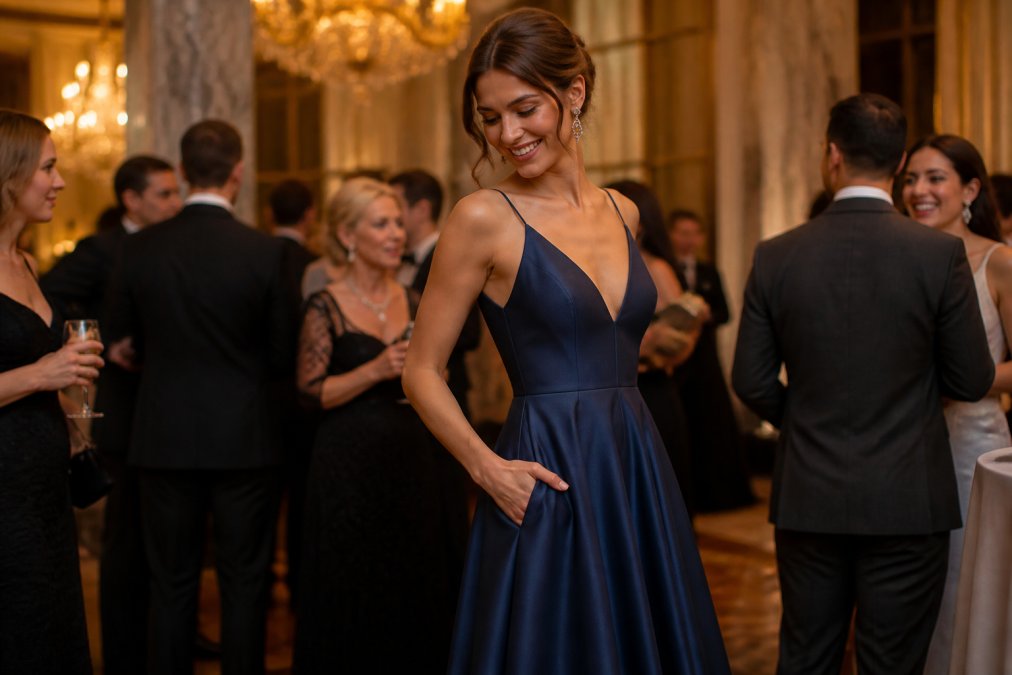 A woman in an elegant floor-length A-line gown gracefully placing her hand in a discreet side pocket, smiling confidently in a grand ballroom with soft chandelier lighting
