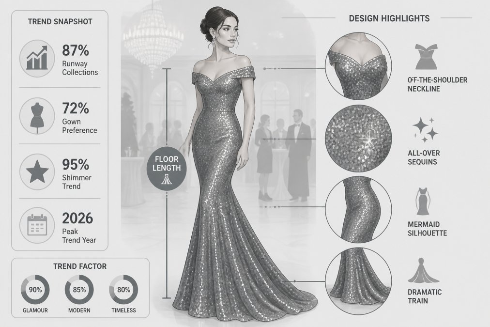 Mujer con un elegante vestido de noche sirena de lentejuelas y hombros descubiertos en una gala formal, con una silueta hasta el suelo y detalles brillantes bajo una iluminación suave