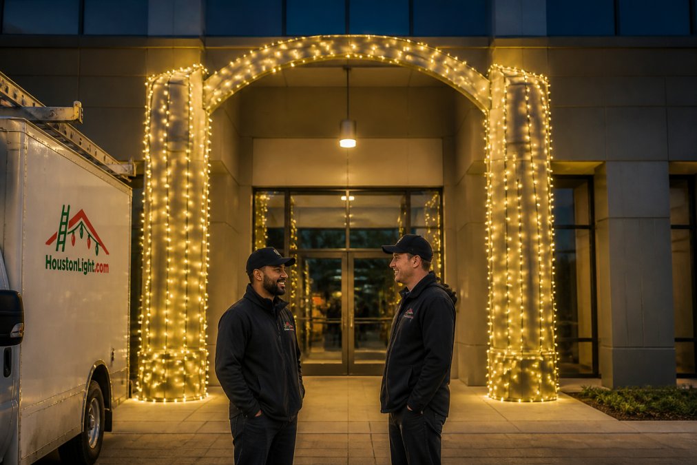 A modern commercial building facade with warm white LED string lights wrapped around entrance columns and an archway, creating a clean, elegant festive atmosphere at dusk with soft reflections on a glass door