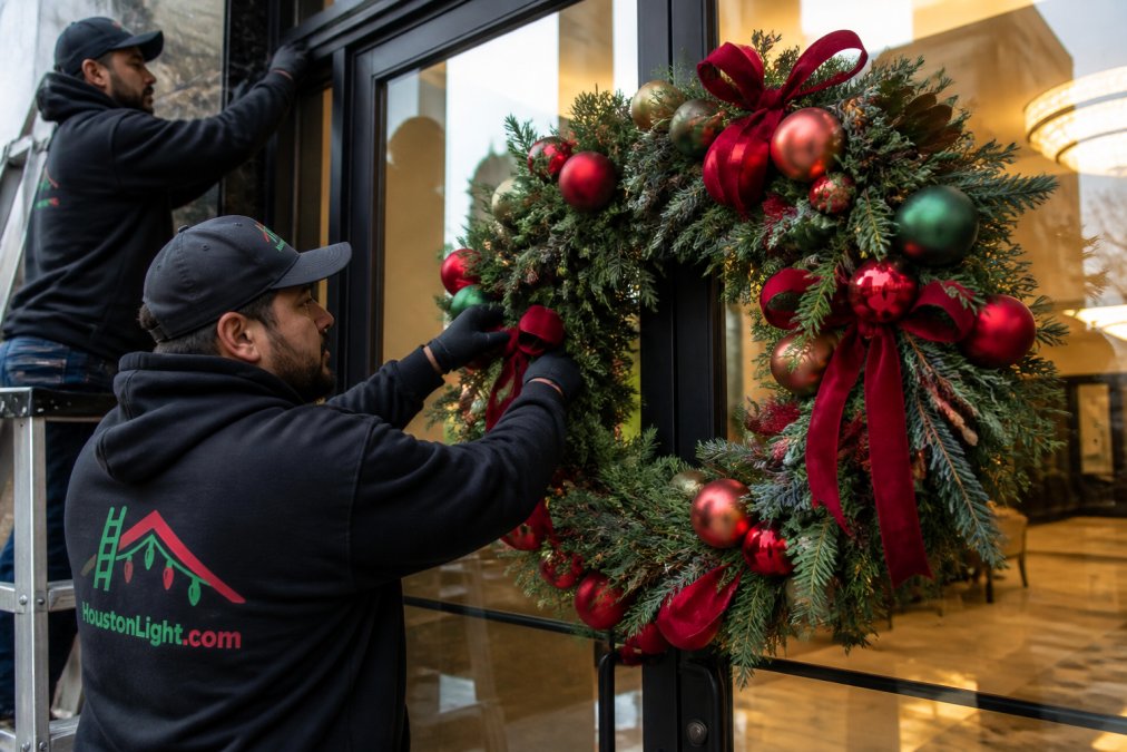 Close-up of a large custom commercial wreath with rich mixed greenery, deep red ribbons, and oversized matte ornaments mounted on a glass office building entrance door, warm interior light visible through the glass