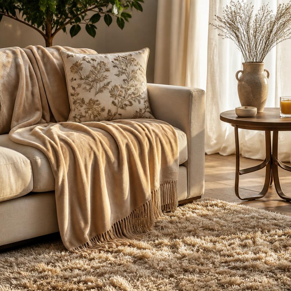 A styled living room corner with a champagne velvet throw draped over a linen sofa, an embroidered decorative cushion, and a soft shaggy cotton floor mat, lit by warm afternoon light through sheer curtains