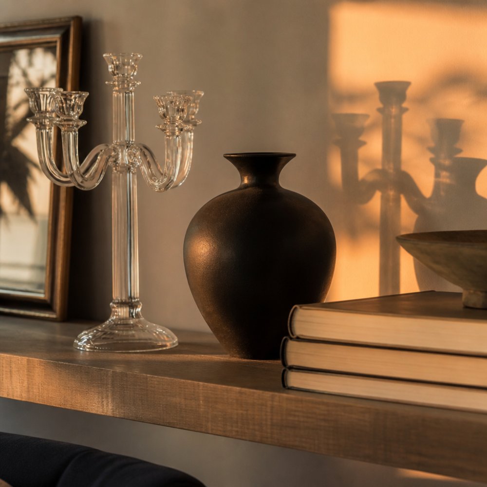 A styled living room shelf in warm neutral tones, featuring a glass candelabra, a black ceramic vase, and a stack of hardcover books under soft evening light