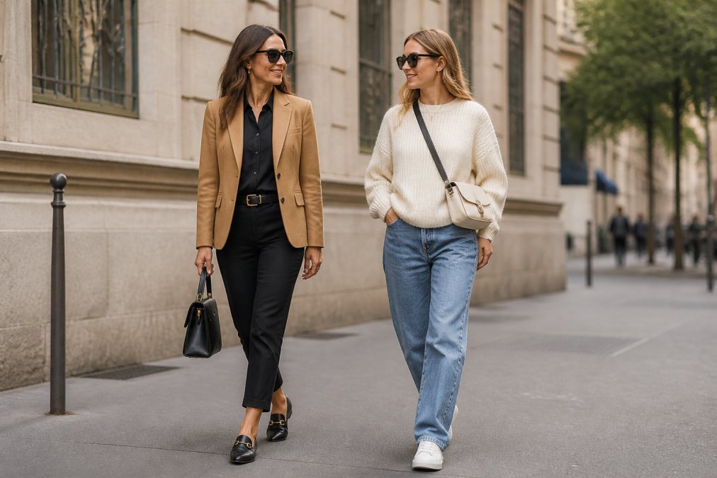 Two women photographed side by side in natural daylight: one wearing a tailored camel blazer, fitted black cigarette pants, and pointed-toe loafers with a structured leather handbag; the other in an oversized cream sweater, straight-leg denim, white leather sneakers, and a crossbody canvas bag, clearly illustrating the contrast between polished Italian elegance and relaxed street style aesthetics
