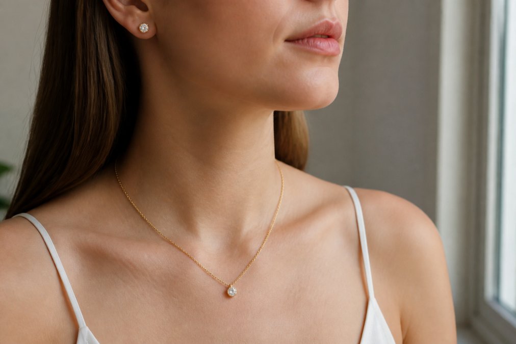 Woman wearing a gold necklace and stud earrings from a jewelry gift sets collection in soft natural light.