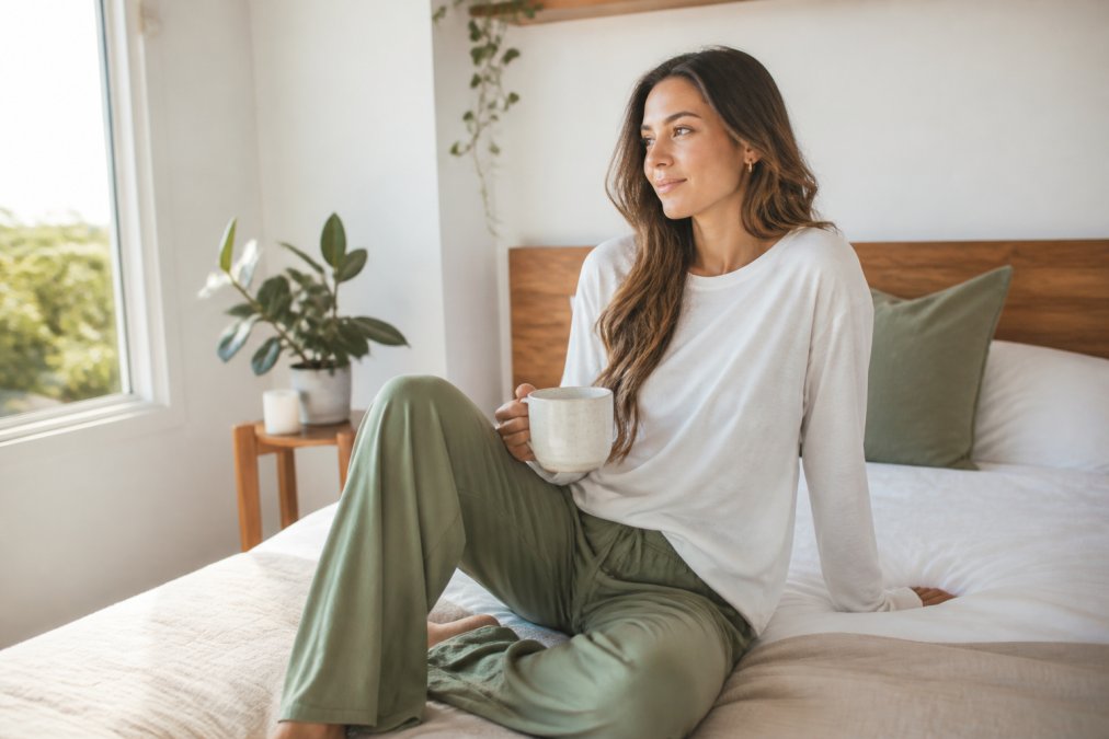 Woman wearing soft white and botanical green loungewear pieces in relaxed pose in bright, minimalist bedroom with natural morning light