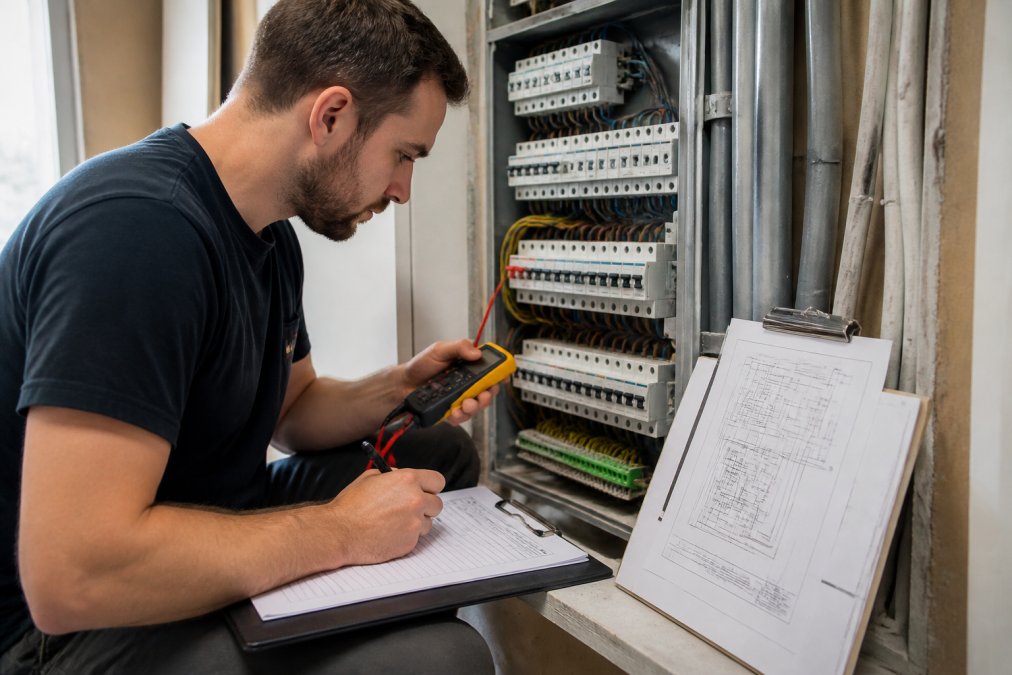 Elektricien met meetinstrumenten die een zekeringkast controleert en gegevens noteert op een formulier, met eendraadschema's op een klembord naast hem