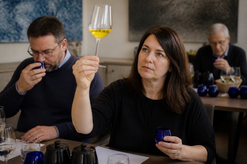 Professionele olijfolie-taster houdt glas tegen het licht, onderzoekt de kleur en helderheid van extra vierge olijfolie in een stille proeverij