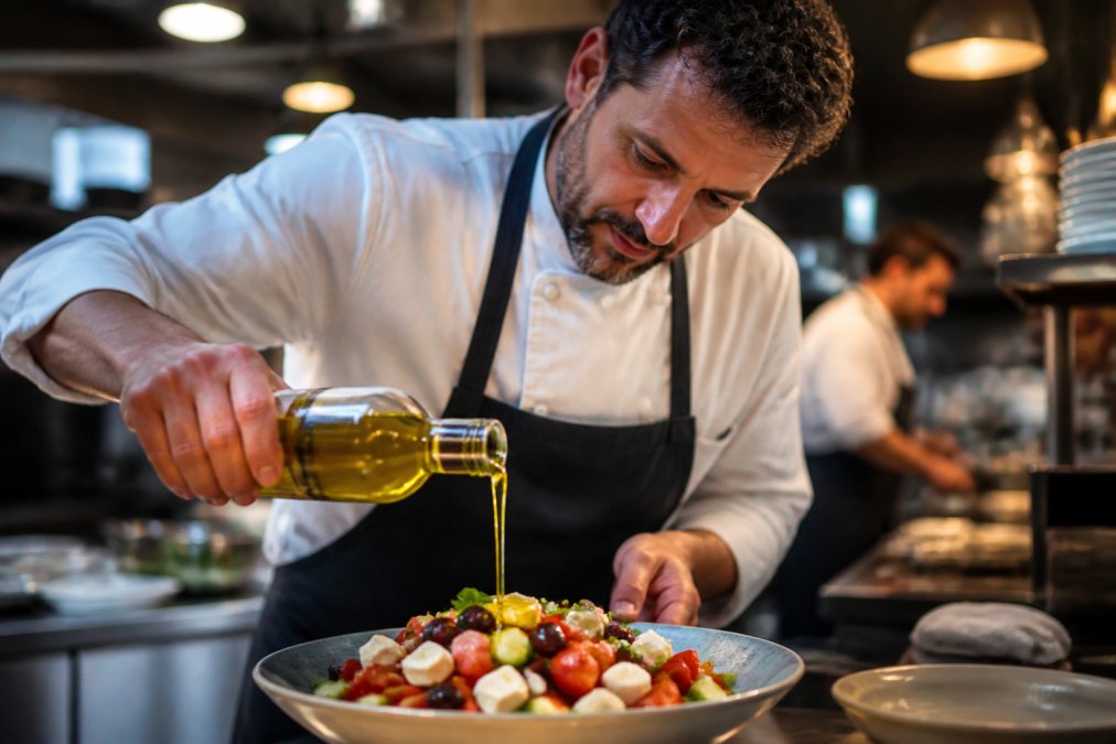 Chef giet gouden Griekse olijfolie over vers bereide salade met tomaten, feta en olijven in moderne hotelkeuken met warm licht