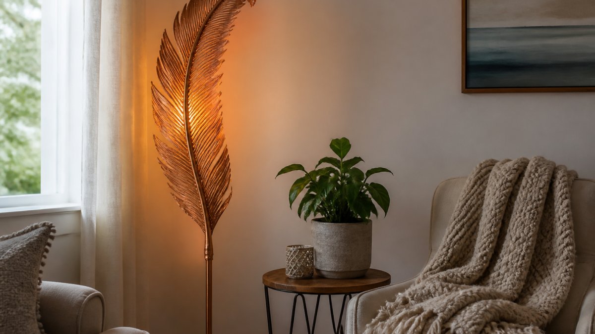 A cozy living room corner with a copper feather floor lamp glowing warmly, a small potted plant on a side table, and a textured throw blanket draped over a chair