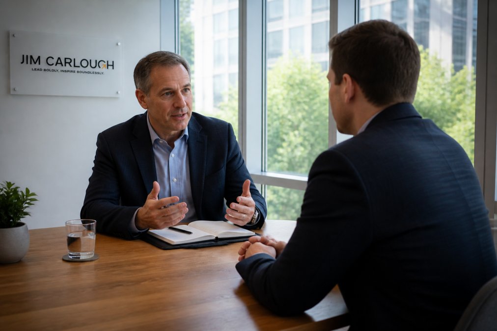 Professional leader in one-on-one coaching session with executive coach, seated across from each other at modern wooden table with floor-to-ceiling windows and natural light streaming in