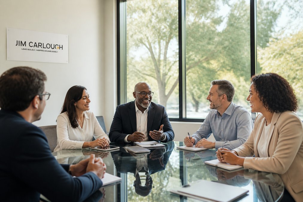 Diverse group of mid-level managers and senior leaders collaborating around glass conference table during interactive leadership workshop, natural light from large windows, engaged expressions and open body language