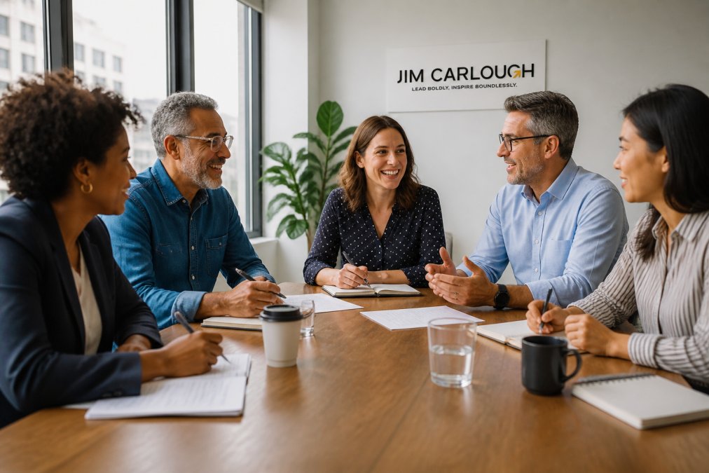 A group of diverse leaders engaged in discussion around a table during a professional development session, natural office lighting streaming through windows, taking notes and collaborating