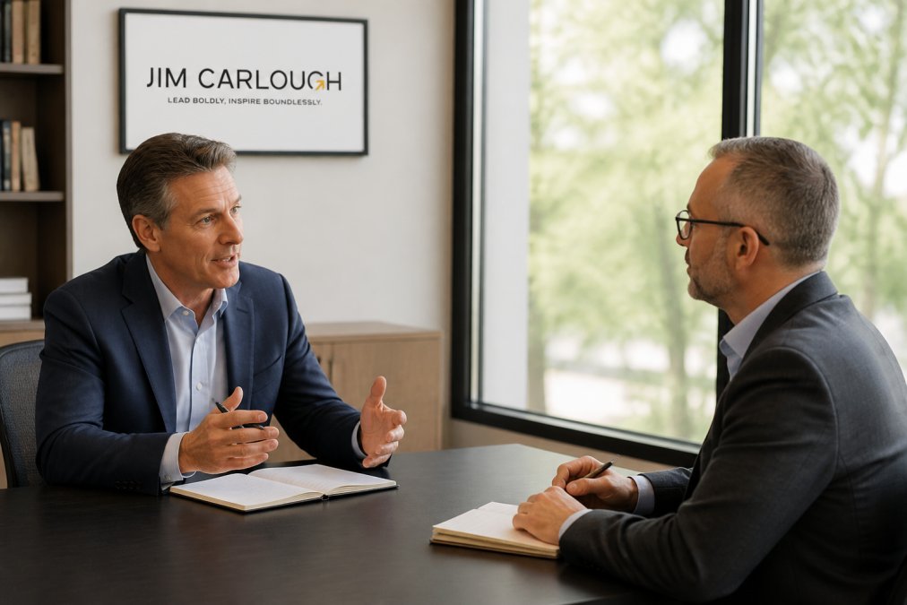 A senior leader in a one-on-one coaching session with a professional coach in a modern office setting, seated across from each other at a table, engaged in focused conversation with notepads visible