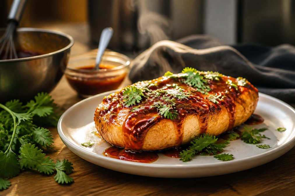 Close-up of glossy glazed chicken breast on a white plate with sauce dripping down the sides, fresh cilantro scattered nearby, steam rising from the hot protein, warm golden kitchen lighting casting shadows across the surface