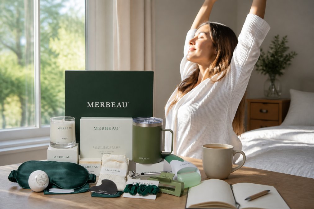 Woman in bright morning light near a window, stretching with intention while a journal and warm coffee sit on a nearby table, soft natural lighting creating a calm atmosphere