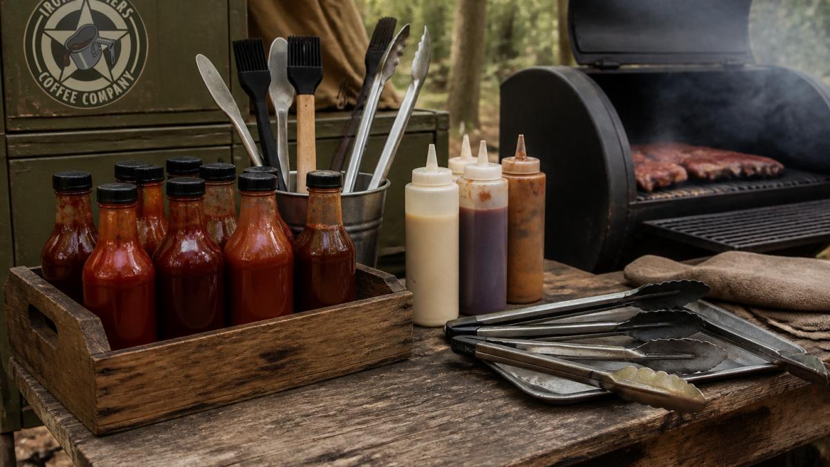 Infographic showing the essential tools and sauces for an outdoor grilling station setup