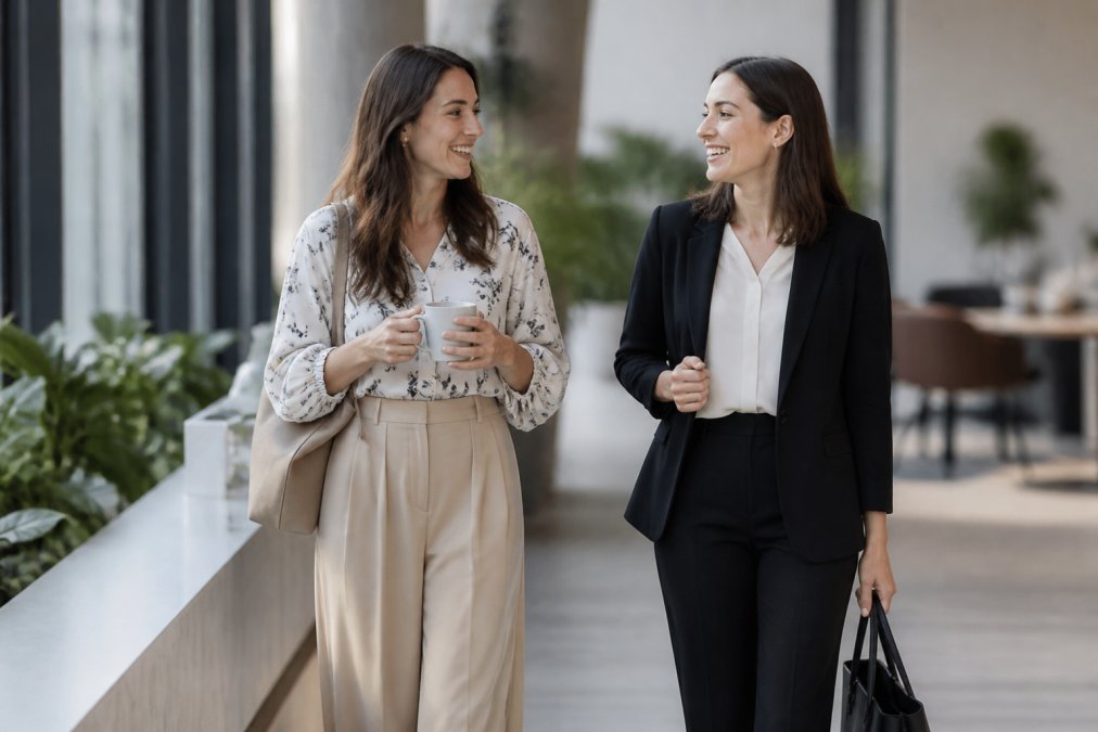 Side-by-side flat-lay of an elevated casual blouse and trousers versus a structured formal office blazer outfit